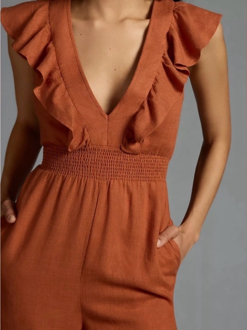 Anthropologie Rust Linen Blend Ruffle Wide Leg Boho Jumpsuit NWT Size M